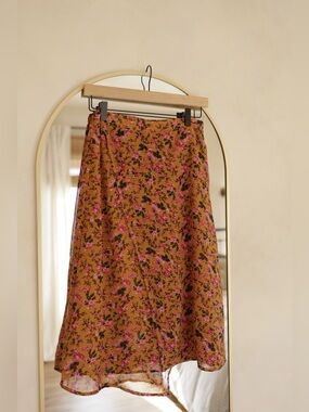 Floral Midi Skirt in Mustard and Pink